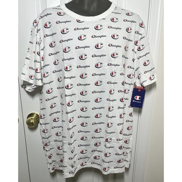 Champion Mens White Short Sleeve T-shirt All over Logo Mens XXL Standard Fit NWT - Picture 1 of 5